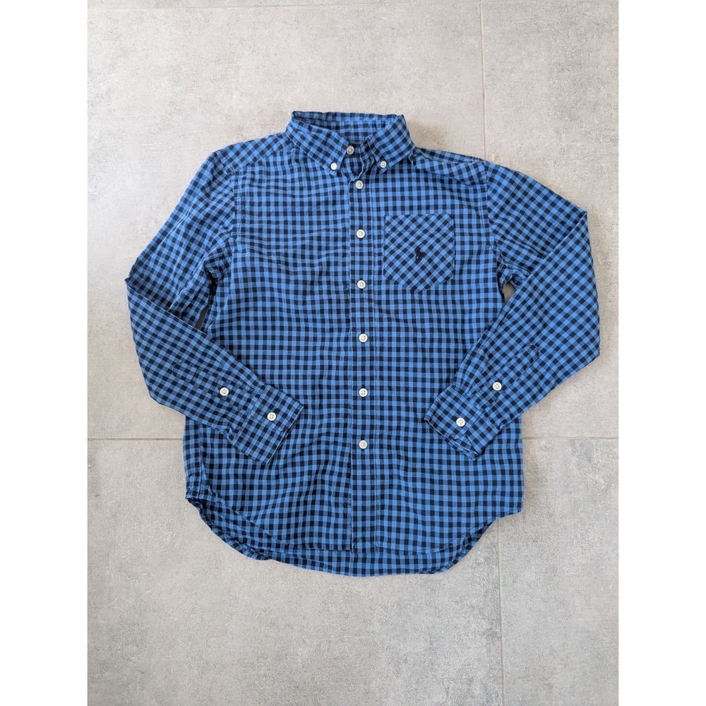 Ralph Lauren Boys Blue Gingham‎ Button Down Shirt Size M 10-12 Long Sleeve Pony